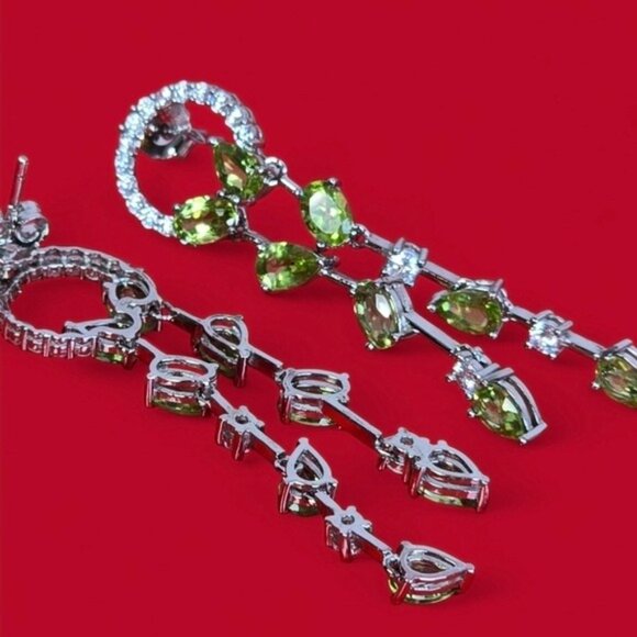 925 Sterling Silver Earrings 5cm with Natural Peridot Gem & CZ - Picture 6 of 8